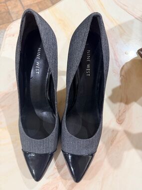 Nine West Gray Fabric Pumps with Black Patent Cap Toe